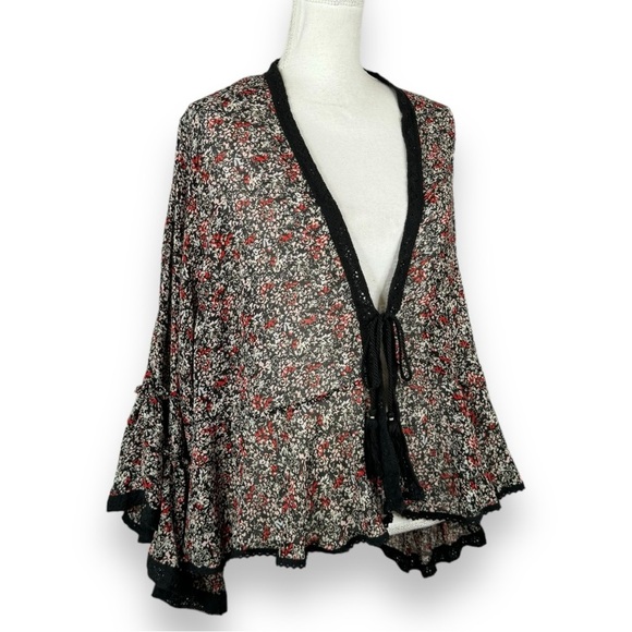 Free People Lola Kimono Black Floral Tie Front Ruffle Bell Sleeve Semi Sheer - Picture 4 of 14